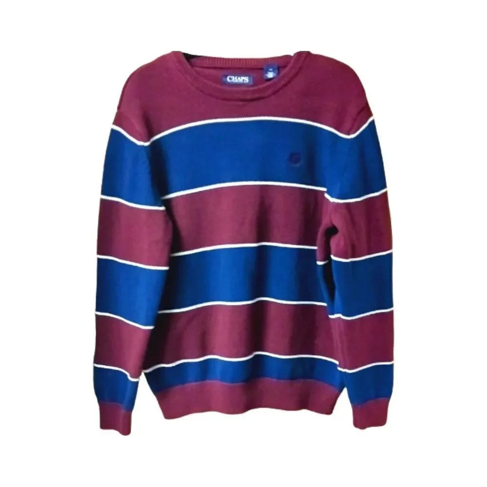 CHAPS Men's burgundy & blue striped crew neck Sweater Size large NEW